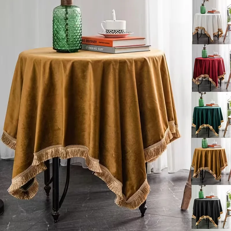 1pc Luxury Velvet Tablecloth with Gold Fringe Trim, Elegant Rectangular Dining Table Cover for Kitchen Dining Room Wedding Party