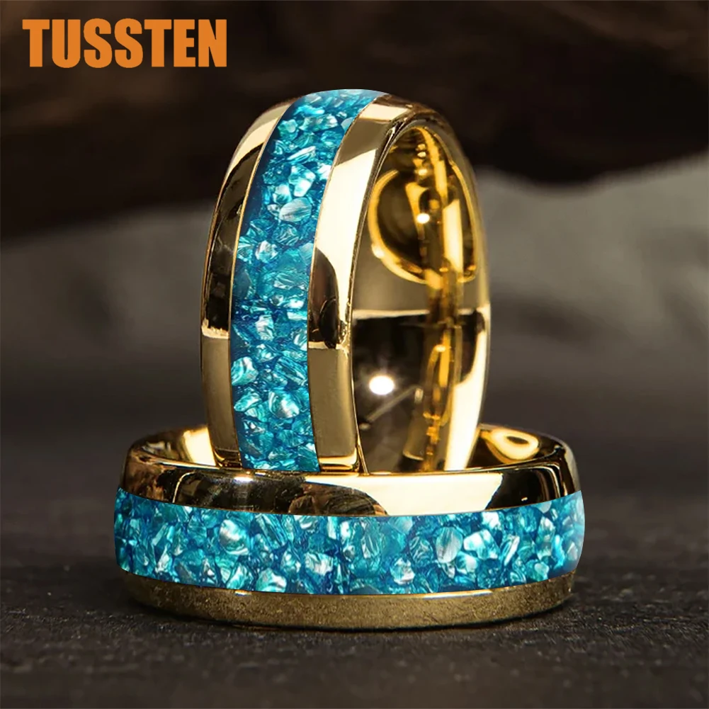 TUSSTEN 4/6/8MM Men's and Women's Wedding Tungsten Ring Sky Blue Crystal Stone Inlaid Comfortable Fit
