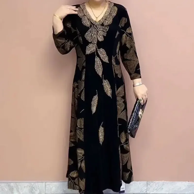Weibliche Kleidung Elegante V-ausschnitt Kleider Herbst Winter Casual A-Line Taille Vintage Druck Pendeln Mode Diamanten Langes Kleid
