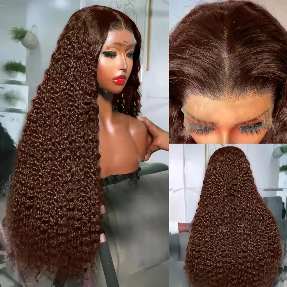 YKB chocolate Brown Curly 13x6 HD Lace Frontal Wigs Human Hair Deep Wave Lace Front Wig 2# Red Colored 30 Inch Brazilian 220% image 2
