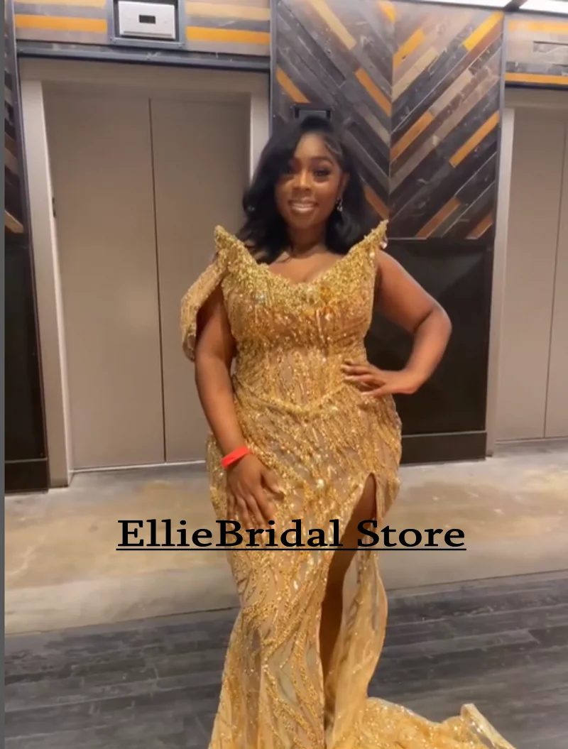 African Gold Sequin Prom Dresses 2025 Crystal Beading Plus Size Mermaid Evening Gowns See Through Party Dress Long Customized