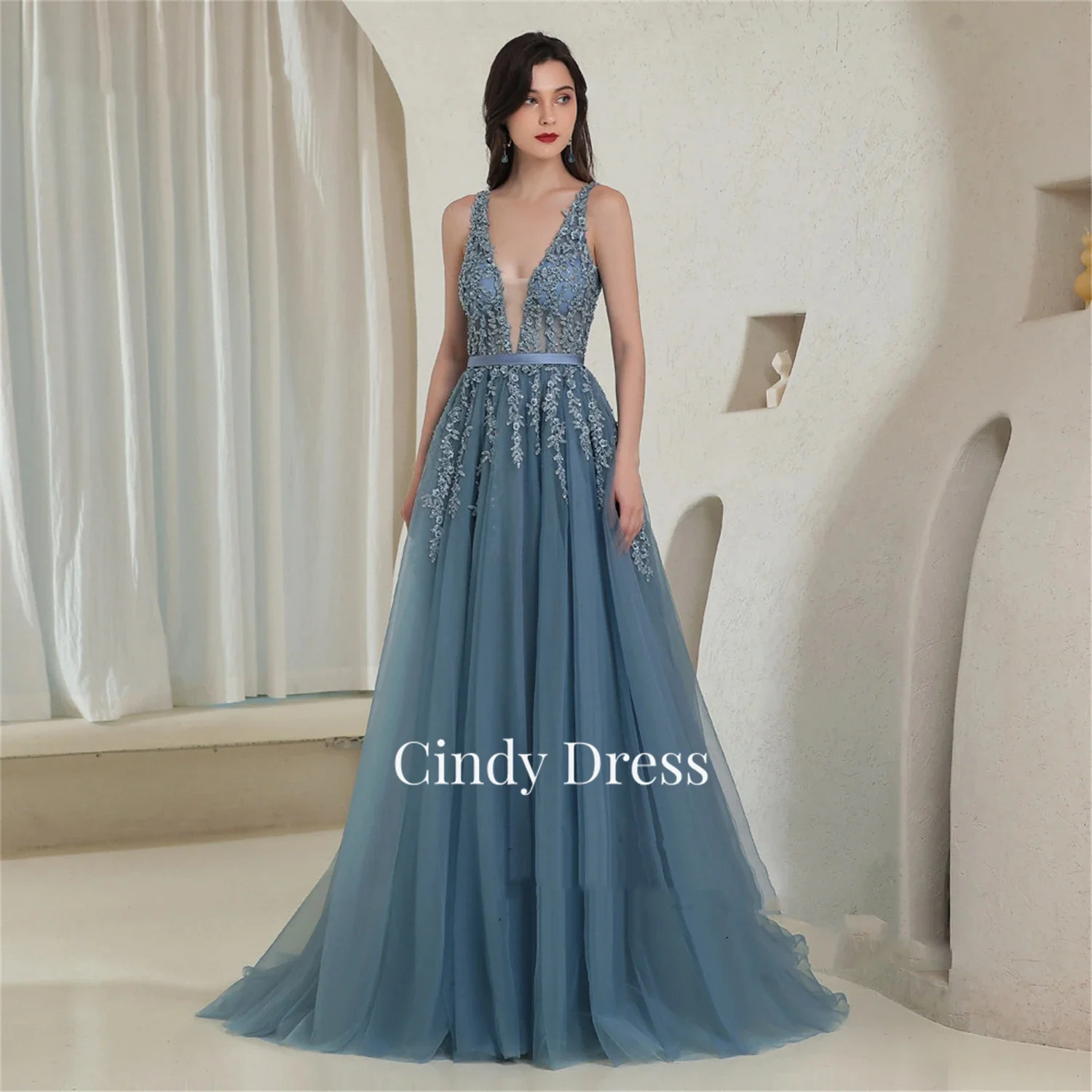 

Cindy Gray Blue Embroidered Appliqué V-neck A-line Elegant Dresses for Women Gala Dress New Luxury Woman Evening 2023 Prom Long