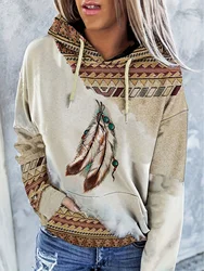 Women's Casual Fashion Round Neck Pullover Sweatshirt Western Ethnic Style Retro Printed Sweatshirt Hoodies