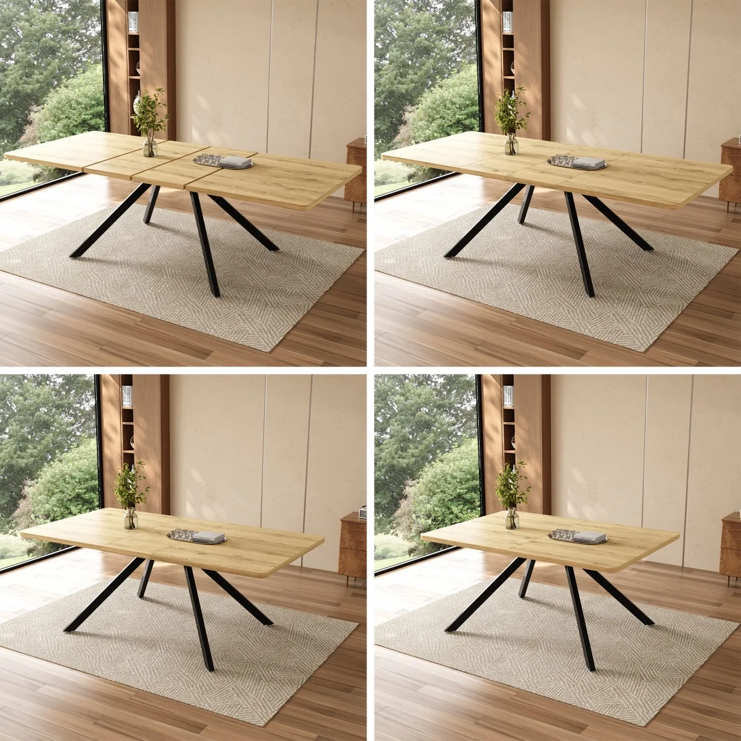 Table à manger extensible avec 3 longueurs, 160/200/240*90 cm, convient pour 6-10 personnes, forme rectangulaire, pieds en métal, style simple, table pour salle à manger, cuisine, couleur chêne