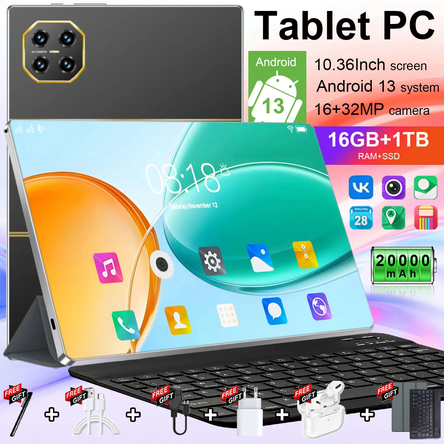 Tablette Android 5G 10,36 pouces 16 Go de RAM 1 To de ROM 20000 mAh Android 13.0 Double carte SIM 14 cœurs Bluetooth WiFi Type-C PC Tablette WPS GPS