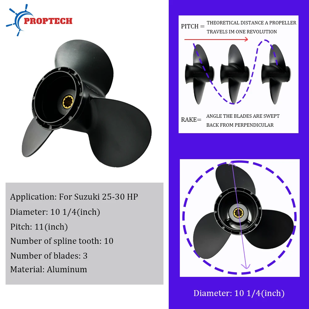 10 1/4*11 Outboard Propeller For Suzuki 25-30hp Boat Motor 58100-96420-019 3 Blade 10 Spline Aluminum Alloy Screw