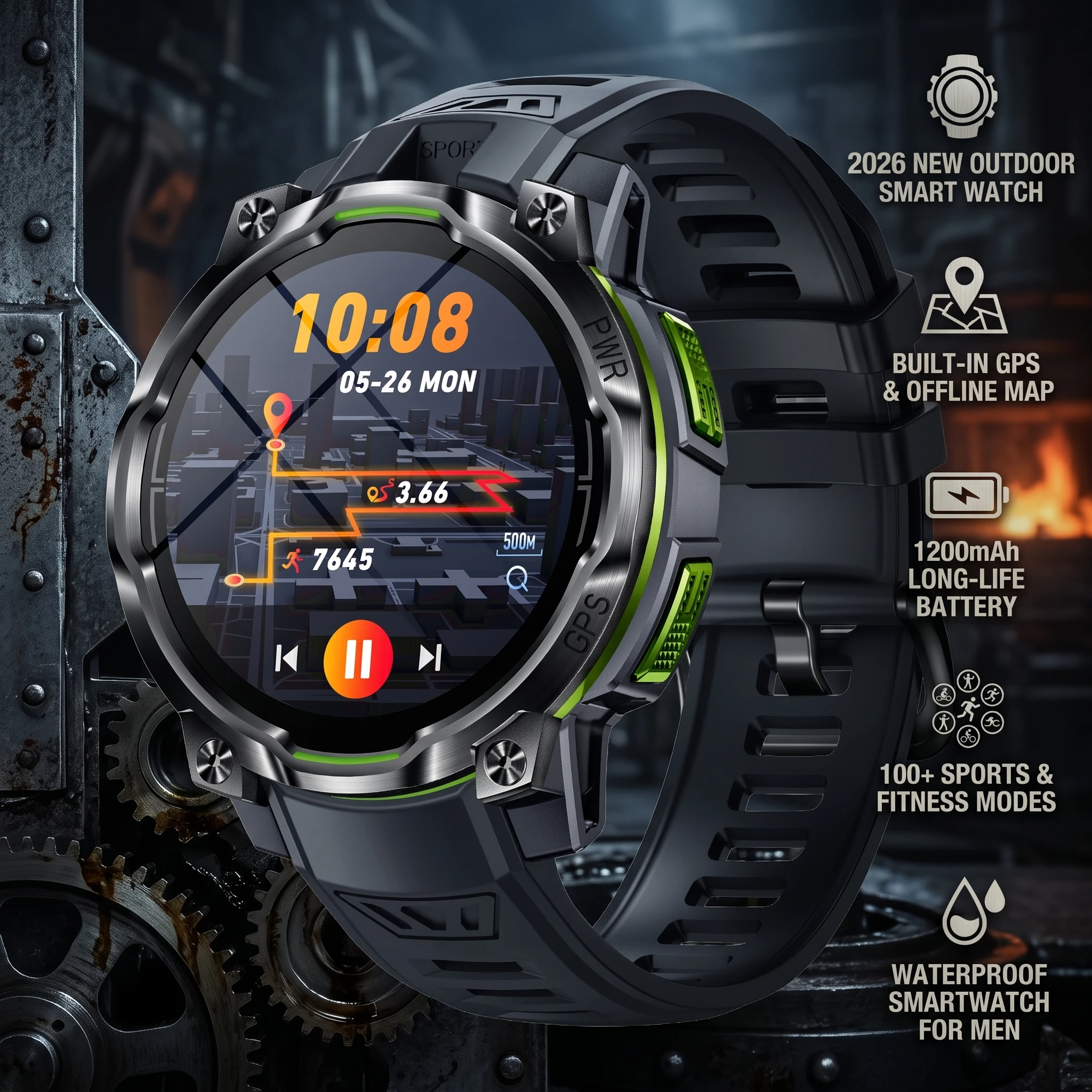 2026 New Outdoor Smart Watch Built-in GPS Offline Map 1200mAh battery 100+ Sports Fitness Tracker waterproof Smartwatch For Men