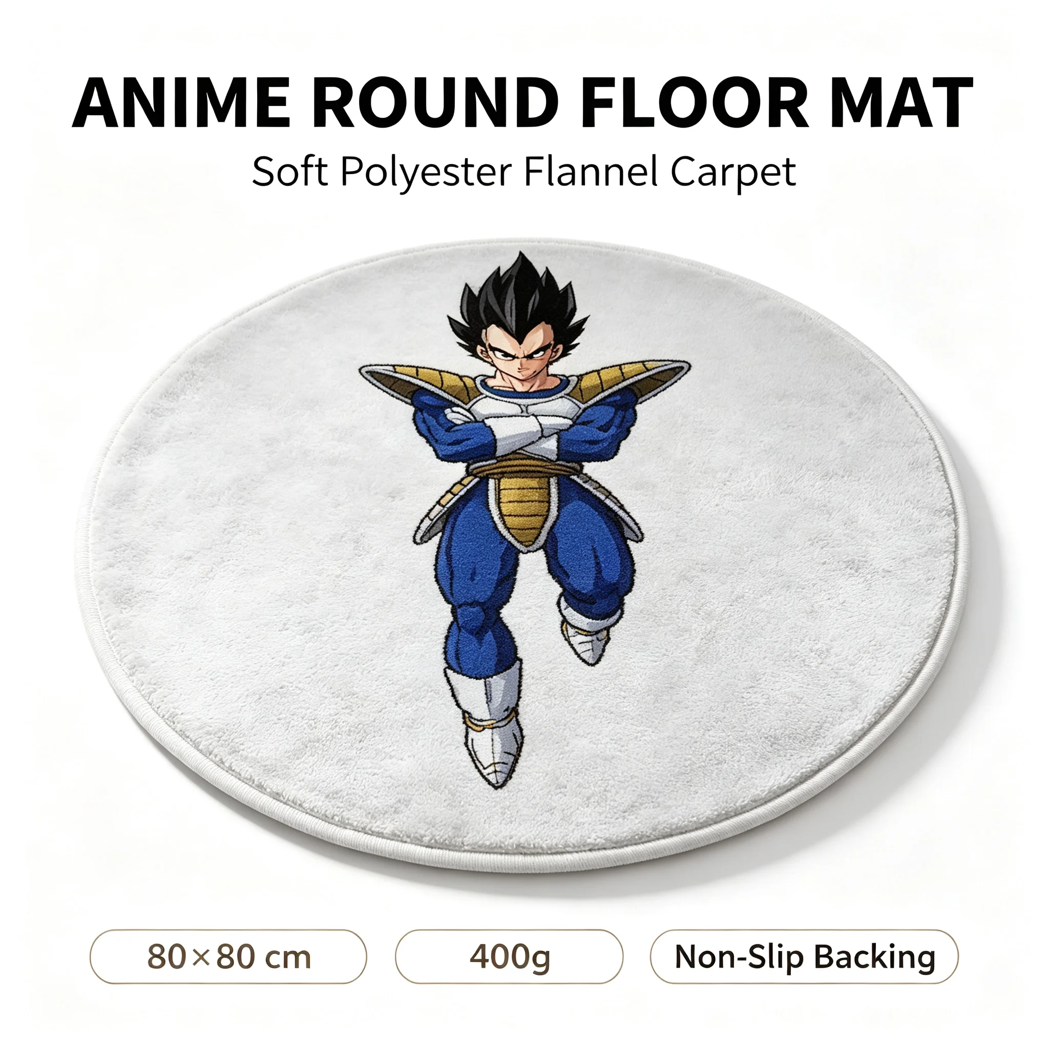 Dragon Ball Vegeta Anime Round Floor Mat Soft Polyester Flannel Non‑Slip Carpet 80×80cm Anti‑Slip Round Rug for Bedroom Living Room Gaming Room Home Decor Anime Fan Collectible Gift