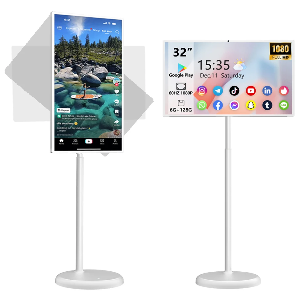 Téléviseur intelligent portable de 32 pouces, écran tactile 60 Hz 1080p, téléviseur Android sur roulettes et réglable en hauteur, batterie de 15 000 mAh, appareil photo 13 MP, 6 Go + 128 Go