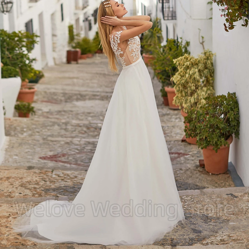 Vestido De novia De manga corta con cuello en V, apliques De tul, línea A, longitud hasta el suelo con cinturón, ilusión Sexy, personalizado