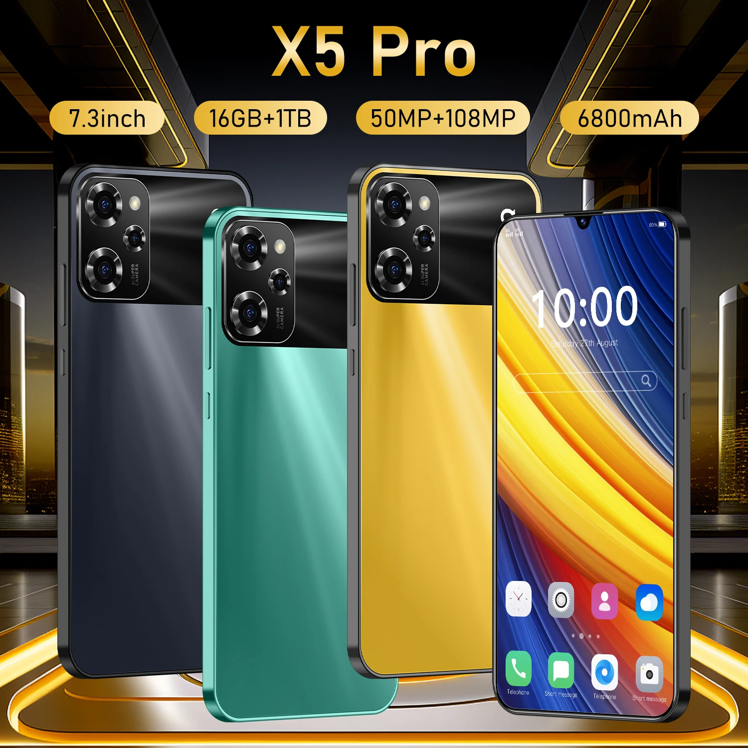 X5 Pro Smartphone 5G 7.3 inch HD 16G+1TB Cell Phone Dual SIM Mobile Phones 6800mAh Cellphones Unlocked Global Version Celulares