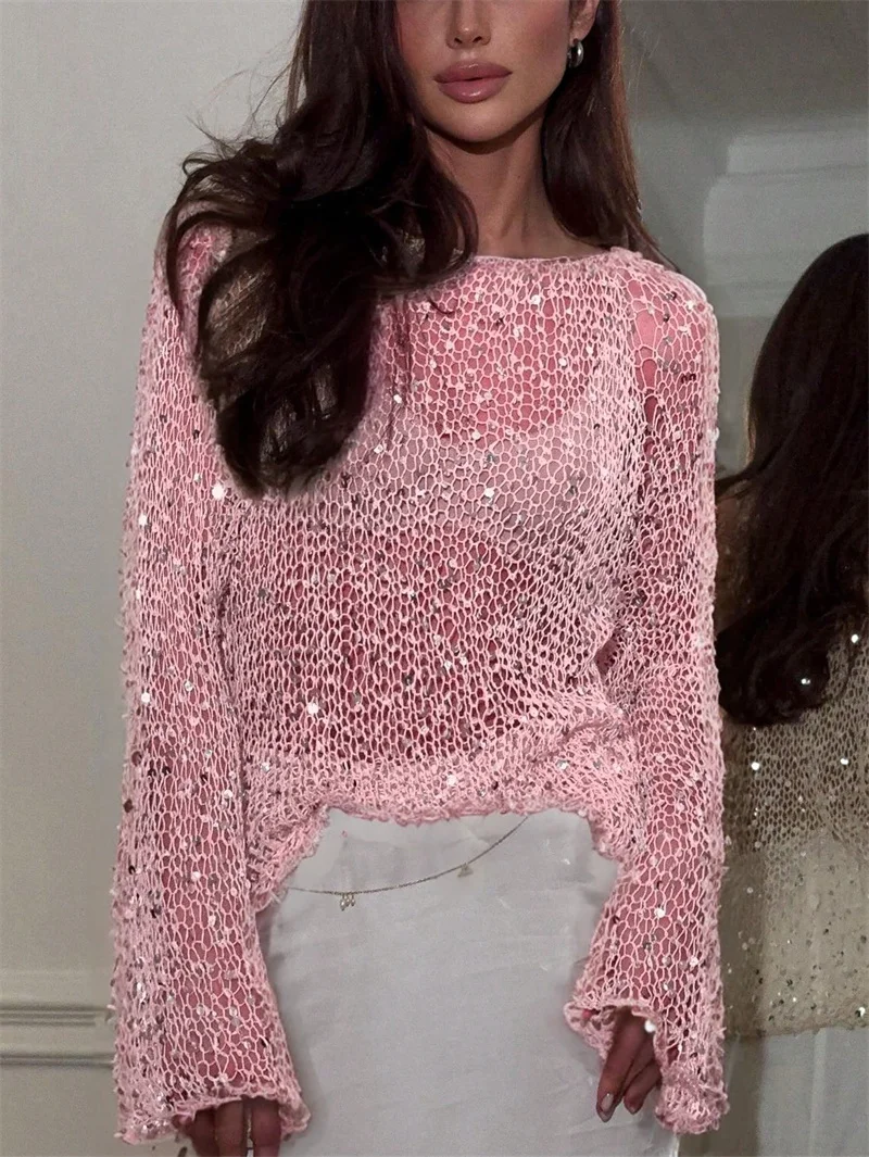 長袖セクシーな透け感のあるスパンコールニットトップブラウスシャツクロシェ水着女性用水着夏ゆったりカジュアルセータービーチカバーアップ