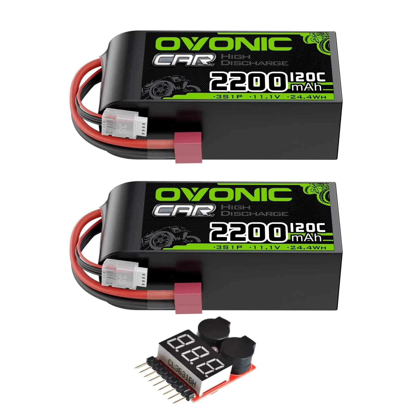 OVONIC 3S Short LiPo Battery 11.1V 2200mAh 120C with Deans-T Plug & Lipo Voltage Checker for 1/10 Scale RC Car Off-Road Truck RC Airplane Helicopter Racing