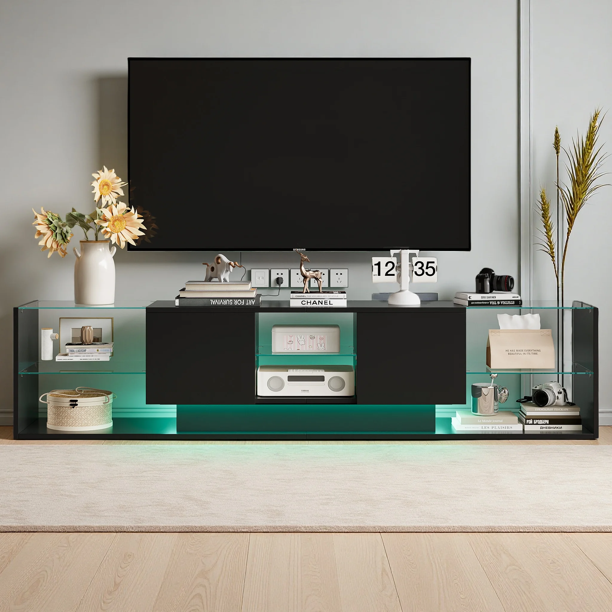 Mueble de TV Flotante con LED, Blanco/Negro, con Almacenamiento, para Sala de Estar