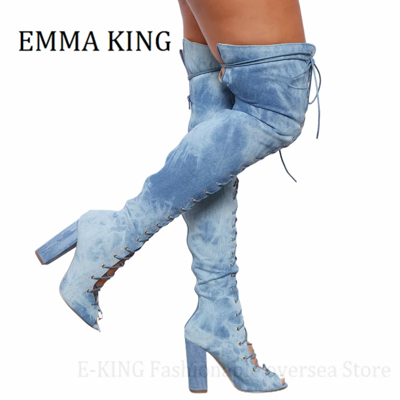 Stivali alti alla coscia in Denim blu da donna stivali anteriori con lacci sopra il ginocchio cerniera posteriore tacco largo lungo Botas Peep Toe