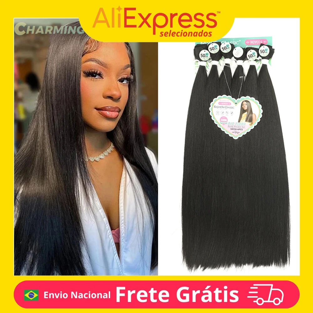 Cabelo Orgânico Liso para Entrelace Feminino, Extensões de Alta Qualidade, Fibra Química Orgânica, Qualidade 240g50cm 6 Pacotes "LISA"-MODA