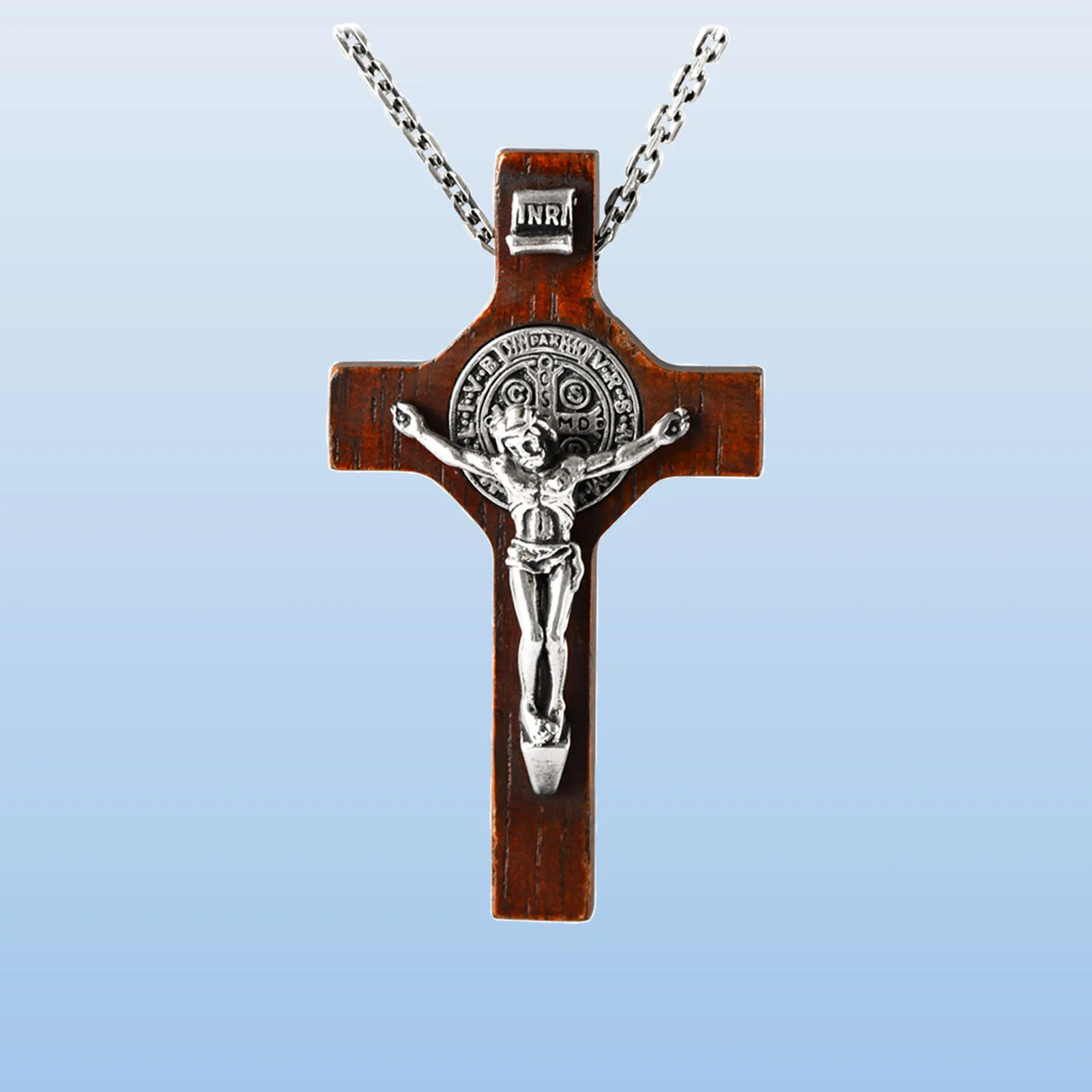 Sterling Silver 925 Saint Benedict Crucifix Sandalwood Pendant Stainless Steel Chain Necklace Catholic Orthodox Wood Jewelry