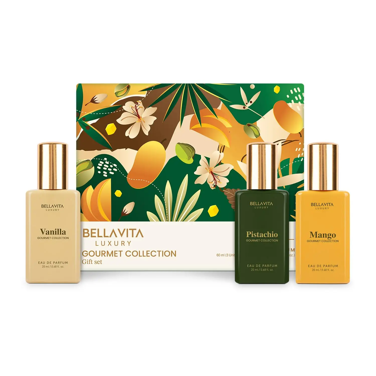 Bellavita Luxury Unisex Gourmet Perfume Gift Set with Vanilla, Mango, and Pistachio | 60ml | Perfume for Men and Women | Nutty Pistachio, Mango, and Vanilla Notes | Long Lasting Unisex Fragrance