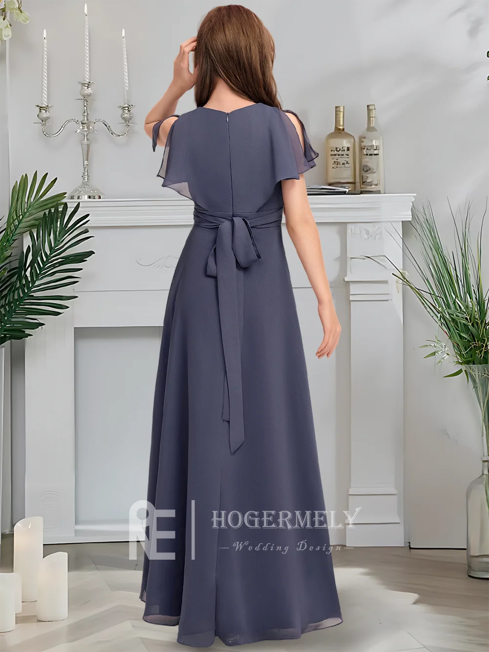 エレガントな V ネック シフォン ジュニア ブライドメイド ドレス スレート フラワー ガール ドレス ガウン プリーツ スカート付き フォーマルなお祝いに