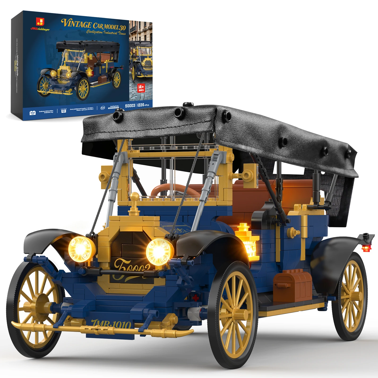 JMBricklayer 1226PCS LED Vintage Classic Car Building Blocks Set Retro Automobile Model Kit Antique Vehicle for Adults Collectible DIY Display Gift Car Enthusiasts Collectors Home Office Decor Birthday Fathers Day 1910s Mechanical Engineering