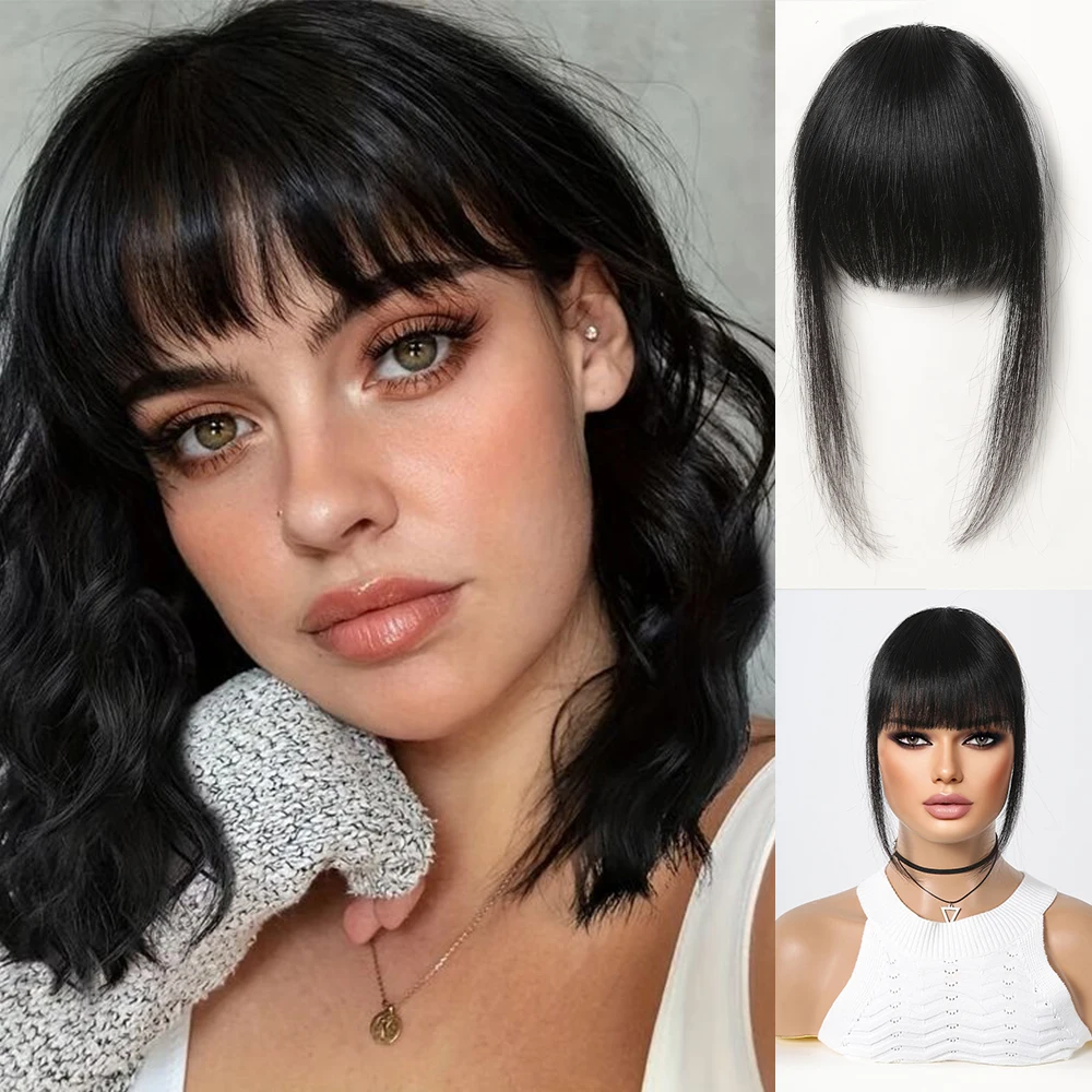 

Human Hair Air Fringe Bangs Clips in Natural Black Straight Remy Human Hair Bangs Extensions Hairpieces for Women One Piece Bang