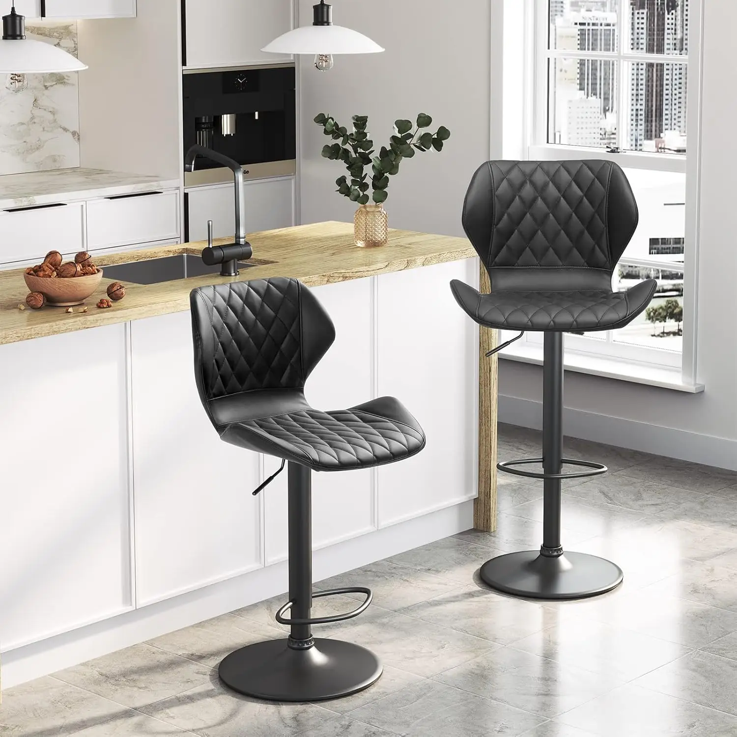 Bar stools Set of 4 Black Leather Bar Stools, Adjustable Counter Height Barstools for Kitchen Island