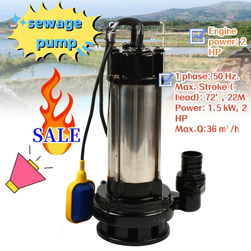 1500W Submersible Pump Sewage Dirty Waste Drain Water Pump with Float Switch and 6m Power Cable 36000 L/H