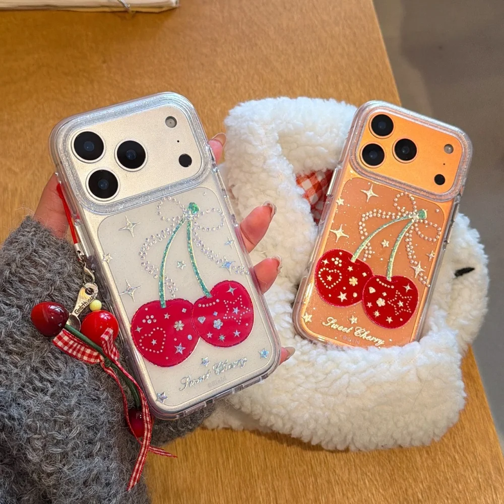 

Cute luxury bow cherry phone case for iPhone 17 16 ProMax 14 15 Pro fundas Korean INS fashion simple shockproof protective cover