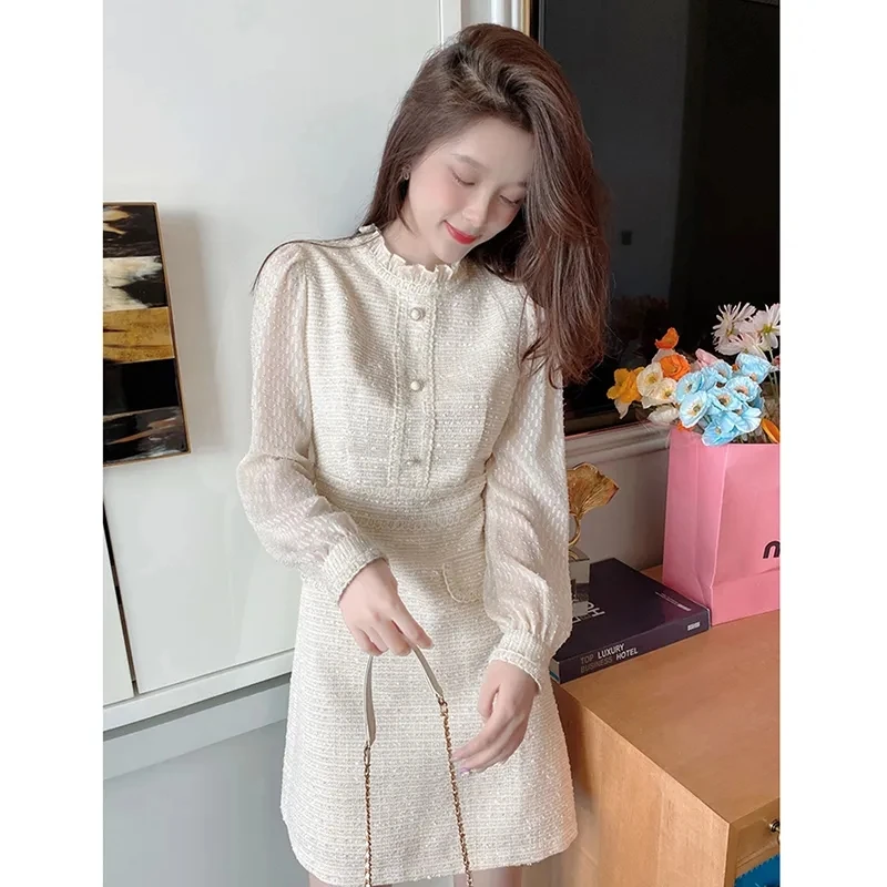 Sweet Spring Korean Elegant Long Party Fairy Women Tweed Boho Beach Vacation Dress Robe Femme