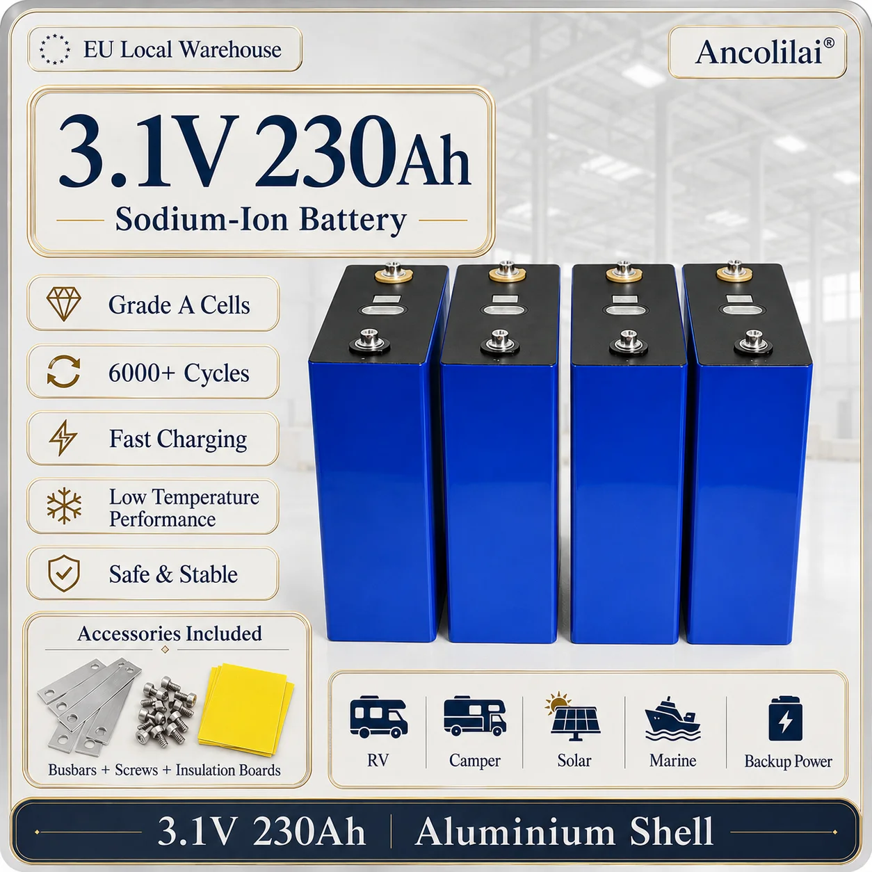 Batterie au sodium-ion 3,1 V 230 Ah 2,95 V de qualité A, cellule rechargeable pour camping-car, solaire, véhicule électrique, bateau, camping, bricolage (stock UE)
