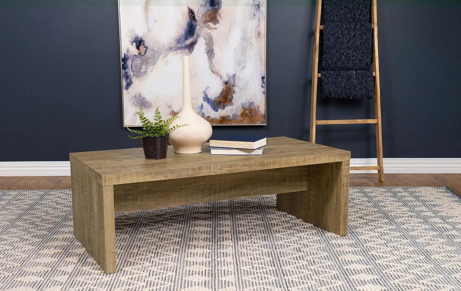 Home Furnishings Wooden Coffee Table w/Side Panels & Center Brace Mango Wood Modern Rectangular Living Room and Bedroom Furniture for House and Apartment