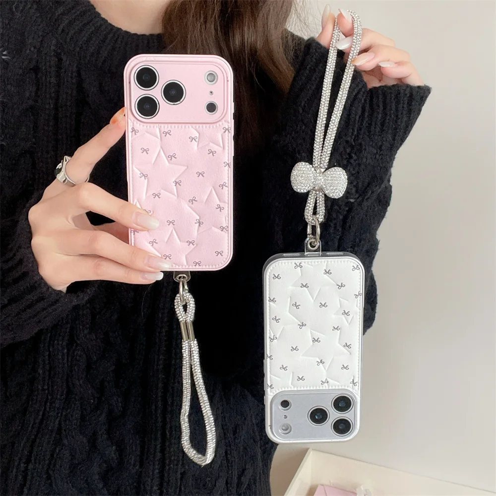 

The new leather five pointed star embossed star bow hanging rope is suitable for iPhone 17 Pro/13/14/15/16 Pro Max anti drop ver