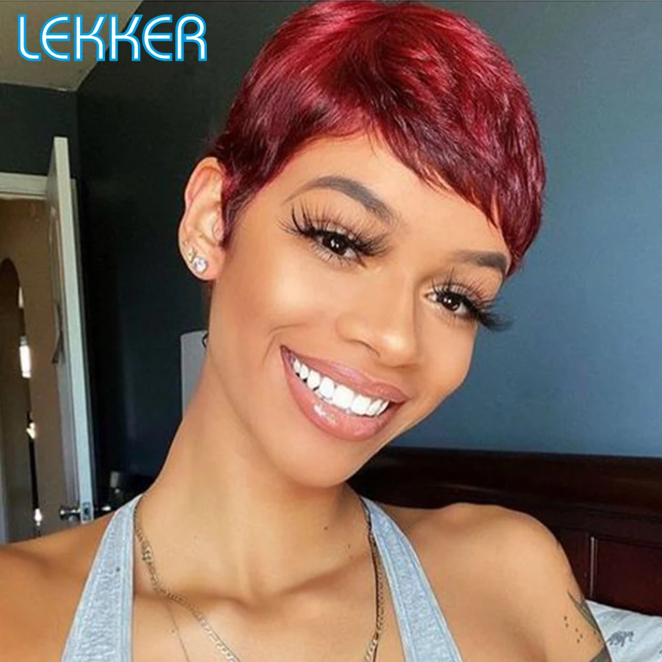 Lekker-Short Pixie Cut Lace Front Perucas de Cabelo Humano para Mulheres, Cabelo Remy Brasileiro Glueless, Perucas Coloridas Bob, Corte Curto, 13x6x1