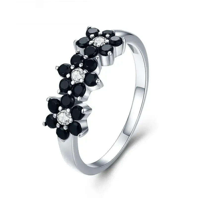 Noir awn nouveau mignon couleur argent Bijoux fleur Bague noir spinelle anneaux de mariage pour femmes fille cadeau de fête C464