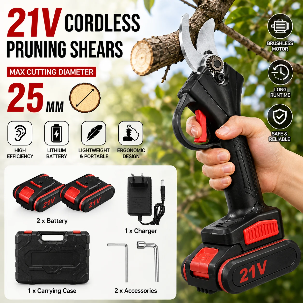 Sécateur électrique sans fil 21V sans balais compatible avec la batterie Worx, coupe-branches d'arbre sans fil, sécateur de jardin 25mm