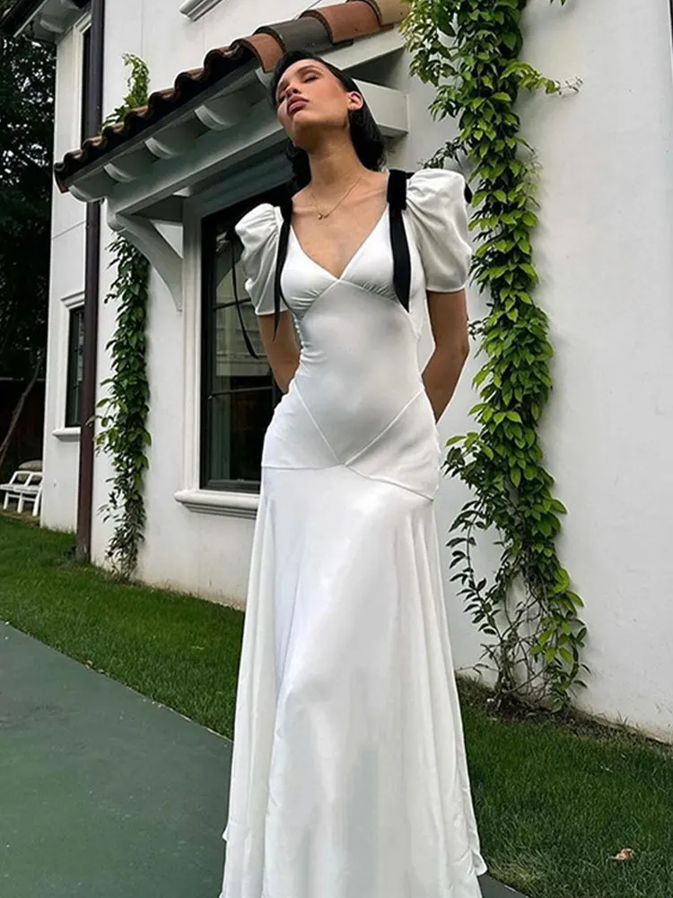 Vintage White Shoulder Bow Long Dress Women Fashion V Neck Puff Sleeve Maxi Curvy Dresses Elegant Ribbon Office Lady Party Trend