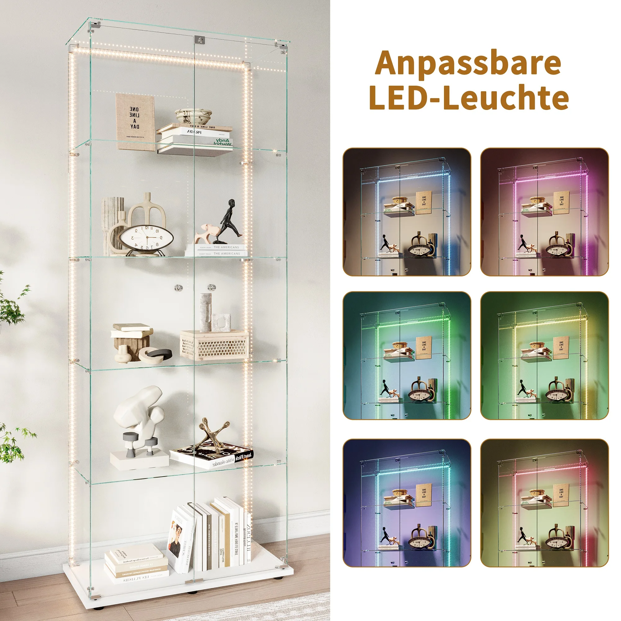 Comanlai, 5-stufige Glasvitrine, 78,5x34,5x166,5cm LED-Glasvitrine, Vitrine mit Doppeltüren und Beleuchtungsstreifen, Raumdekoration, Sammlungsregal, Ausstellungstisch