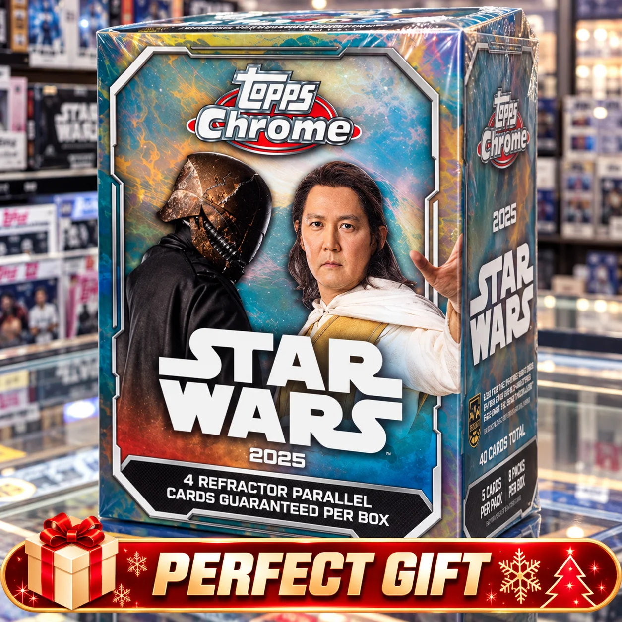 40 Cards 2025 Topps Chrome Star Wars Value Blaster Box – Brand New Factory Sealed Star Wars Trading Card Collection, 8 Packs Per Box, 5 Cards Per Pack, Includes 4 Exclusive Parallels, Premium Chrome Collector Box for Star Wars Fans & Collectors