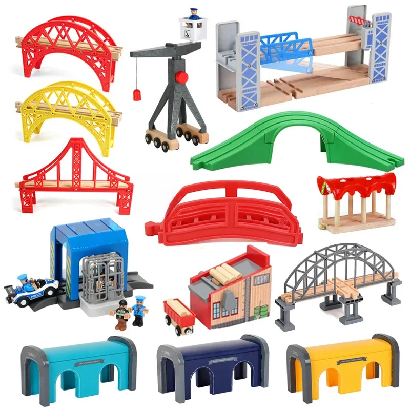 Tous types d'accessoires pour rails de train en bois, rails de chemin de fer en bois de hêtre, ponts et tunnels en bois adaptés aux jouets de rails en bois pour enfants