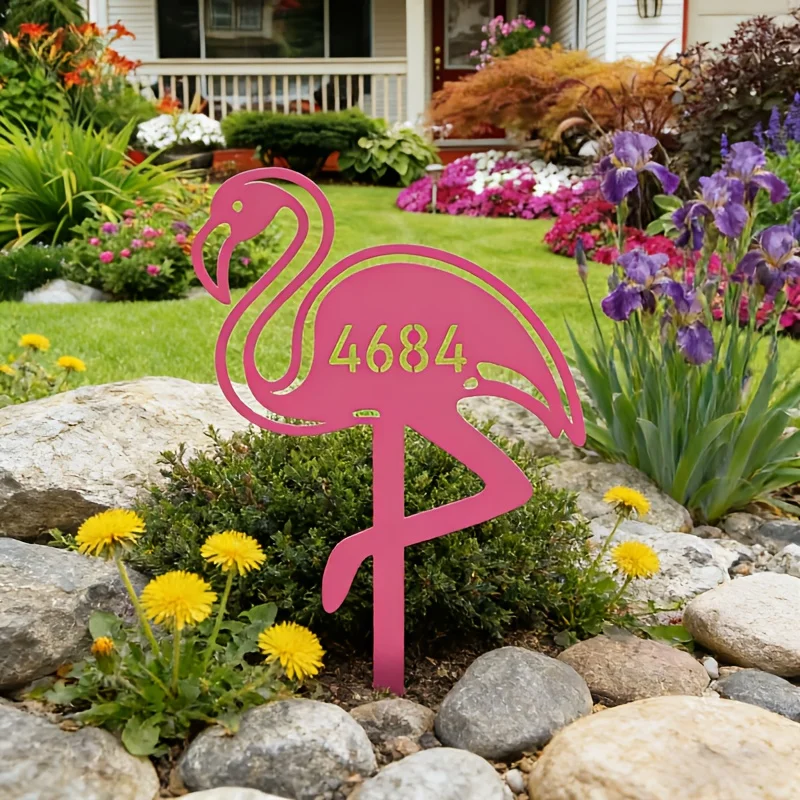 Custom Pink Flamingo Metal House Number Sign Personalized Outdoor Garden Yard Address Plaque Lawn Decor Home Door Ornament