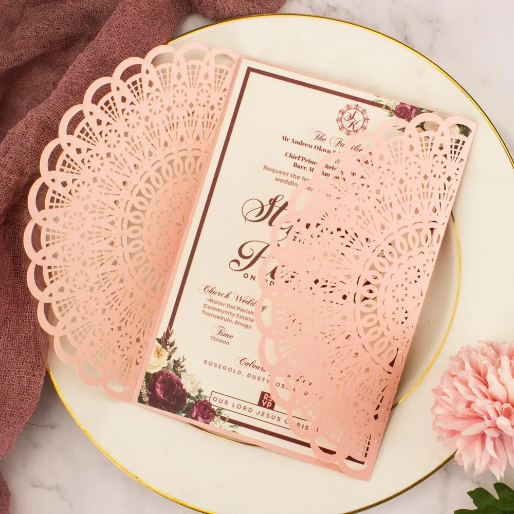 

50x Hollow Laser Cut Customized Pearl Pink Kraft Beige Golden Navy Wedding Invitation Cards Greeting Invite Cover Bridal Shower