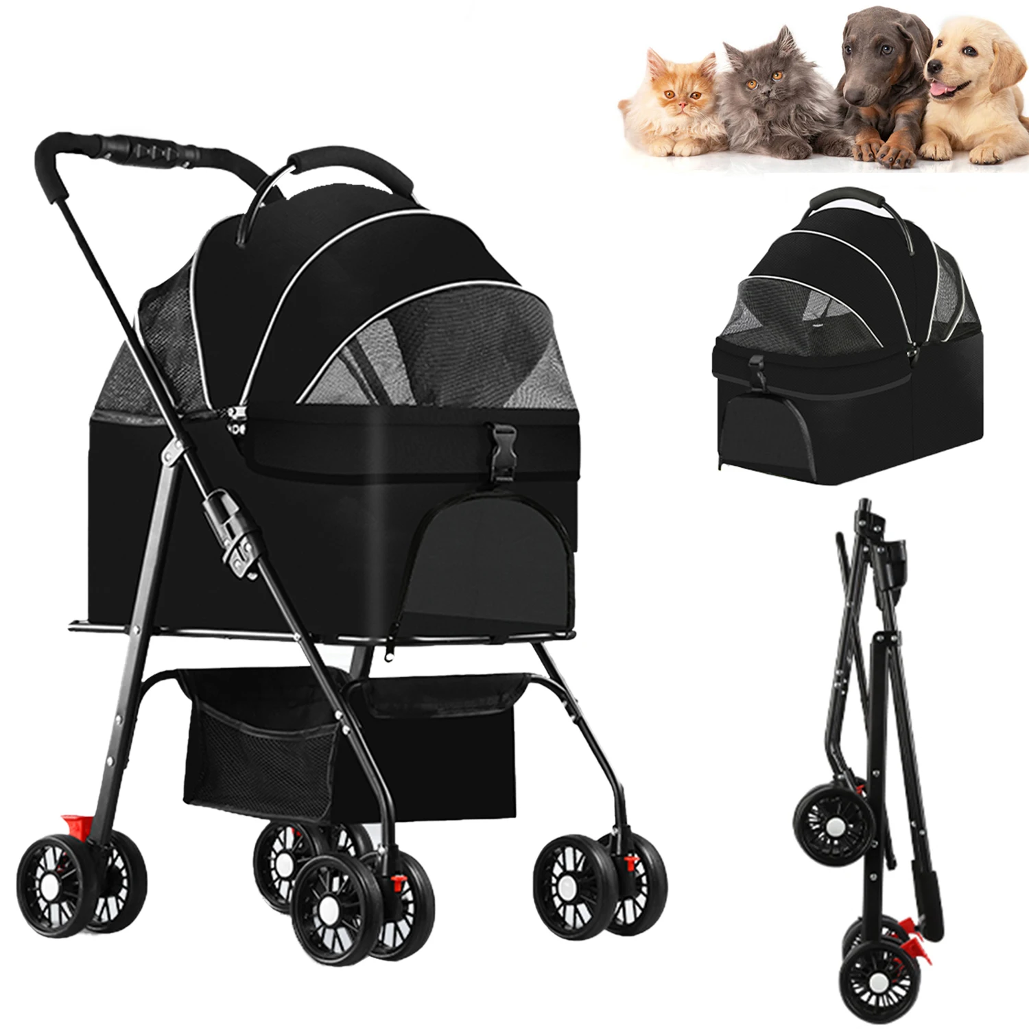 Cars For Dogs,2 In 1 Pet Stroller Dog Box,Transport Basket Foldable Cat Stroller, 360° Gimbal Wheels, With Storage Basket