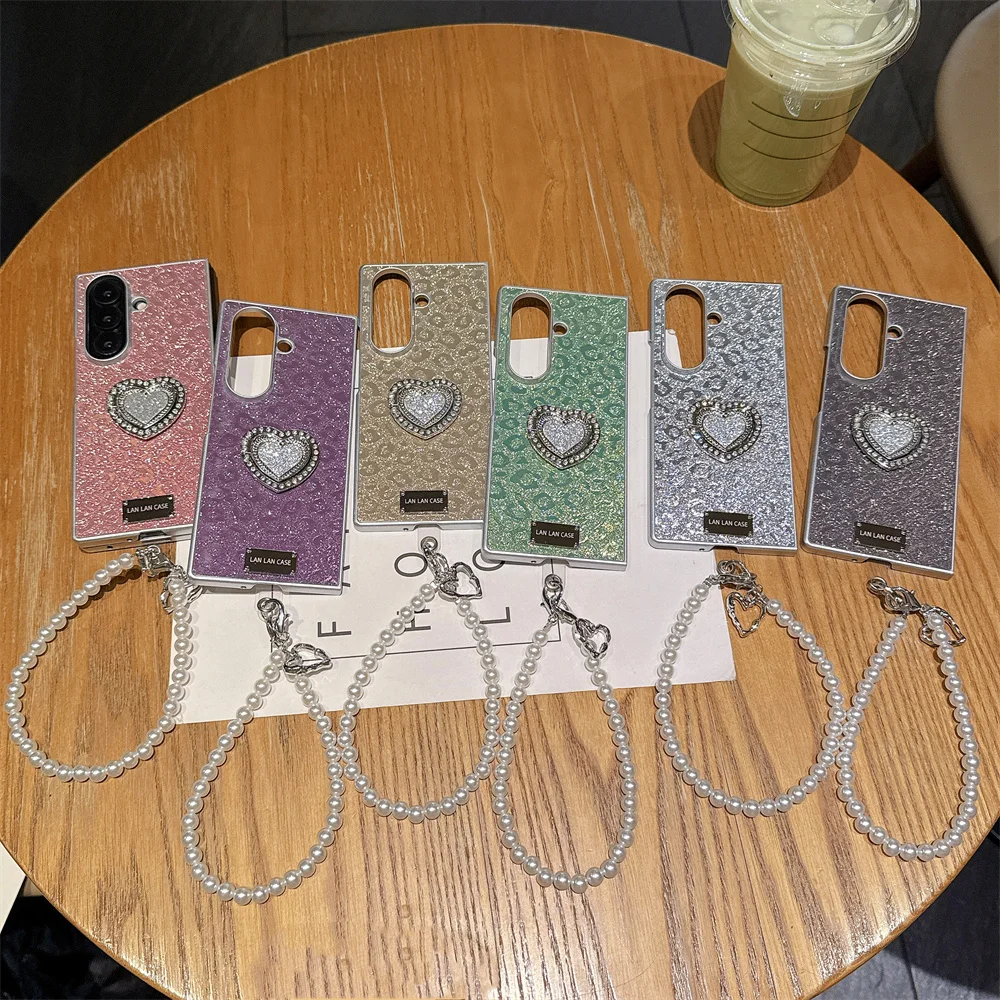 Fashion Leopard Print With Diamonds Love Stand Phone case for Samsung Galaxy Z Fold 8 7 Fold 6 Fold 4 5 6 7 8 Ultra Fold7 Cover