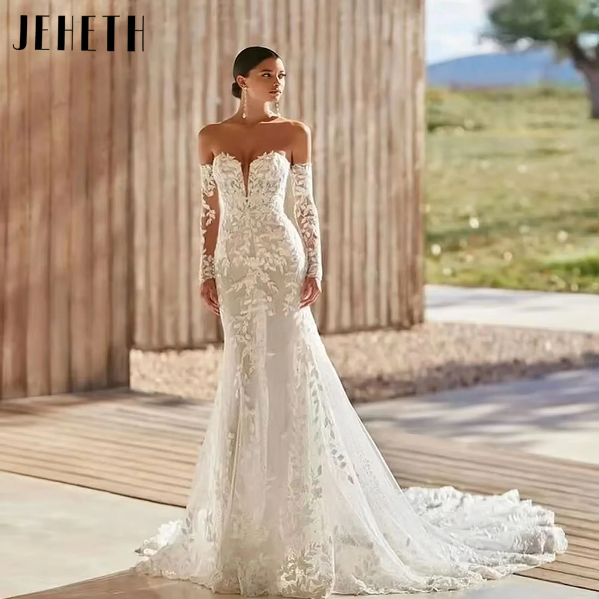 JEHETH Elegant Lace Appliques Mermaid Wedding Dresses Tulle Detachable Long Sleeves V i Neck Wedding Party Gown Customized