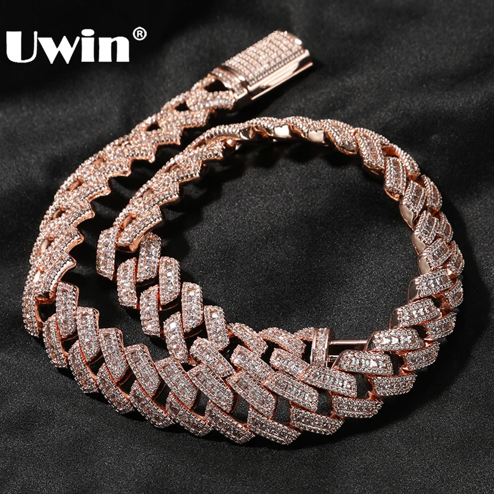 

UWIN 17mm Prong Setting Baguettecz Miami Cuban Chain Necklace for Men Iced Out Heavy Cuban Link Chain Hip Hop Jewelry for Gift