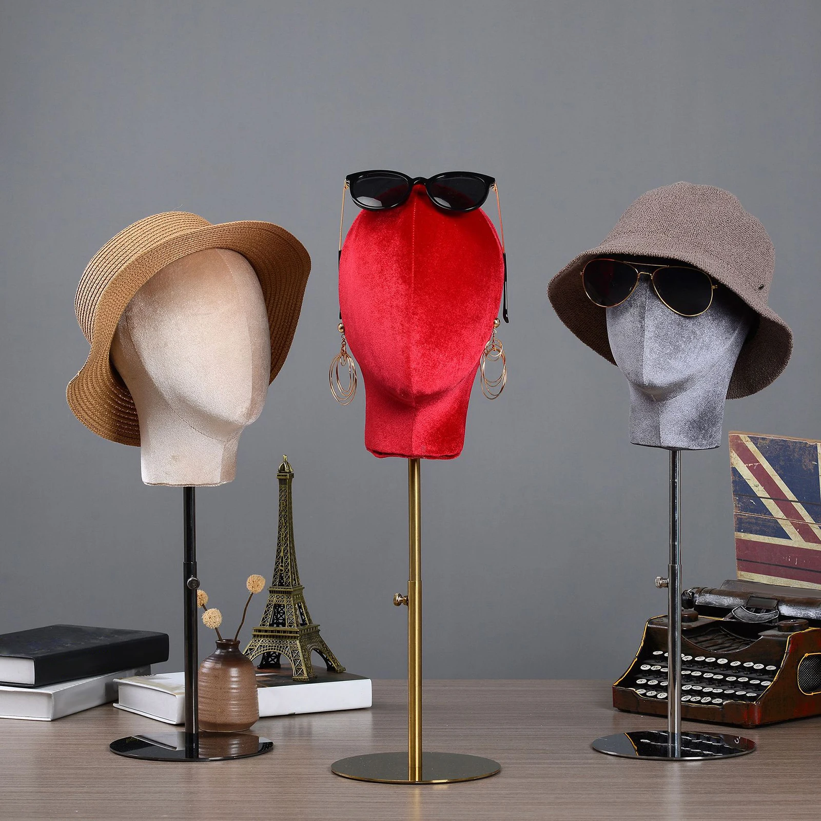 マネキンヘッドモデル高さ調節可能ベルベット安定したヘッドセット帽子サロン用