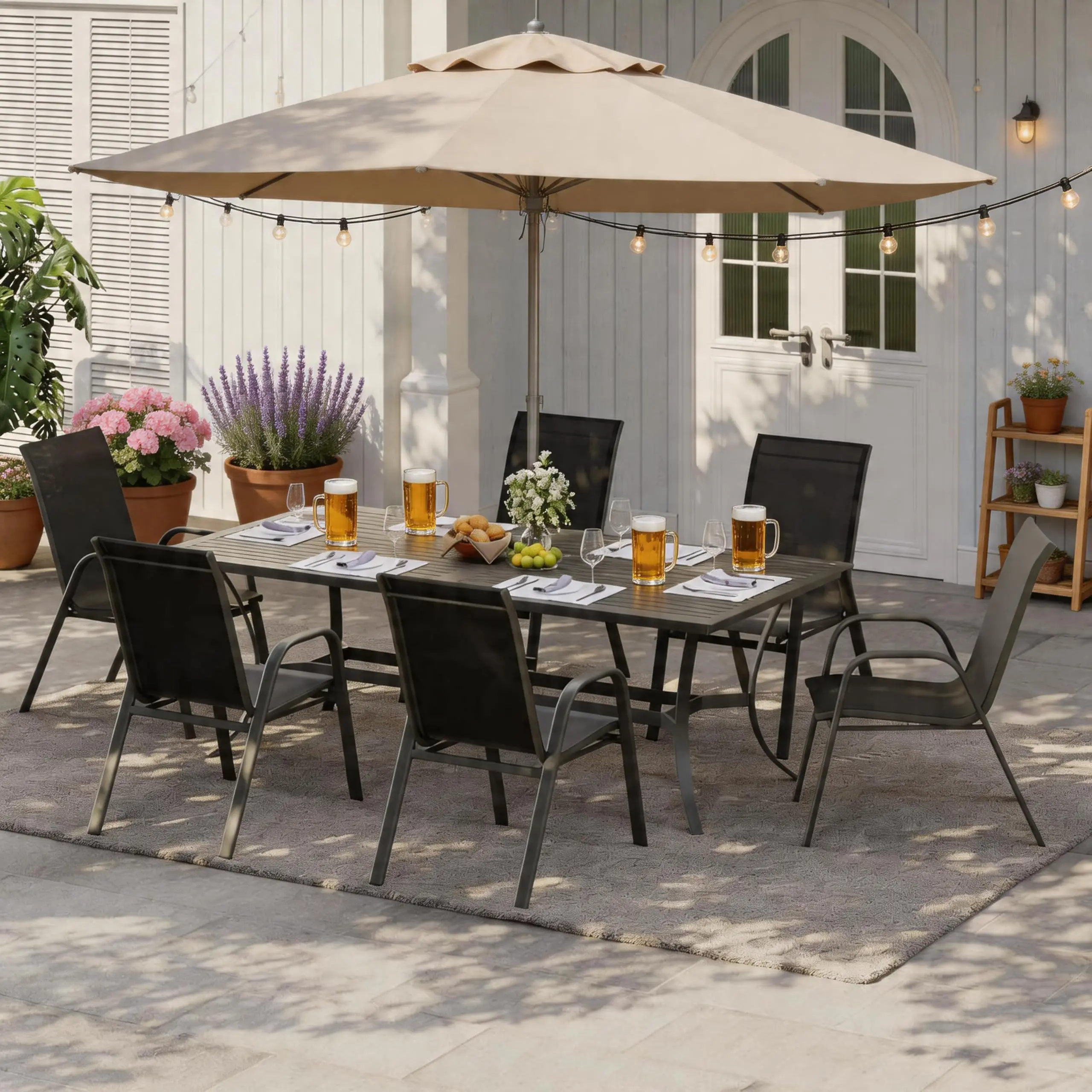 Ensemble de 4 chaises de jardin empilables, fauteuil d'extérieur en osier avec tissu textile, structure en métal, dossier haut, résistant à la rouille, capacité jusqu'à 150 kg, idéal pour balcon, terrasse, espace piscine ou bar
