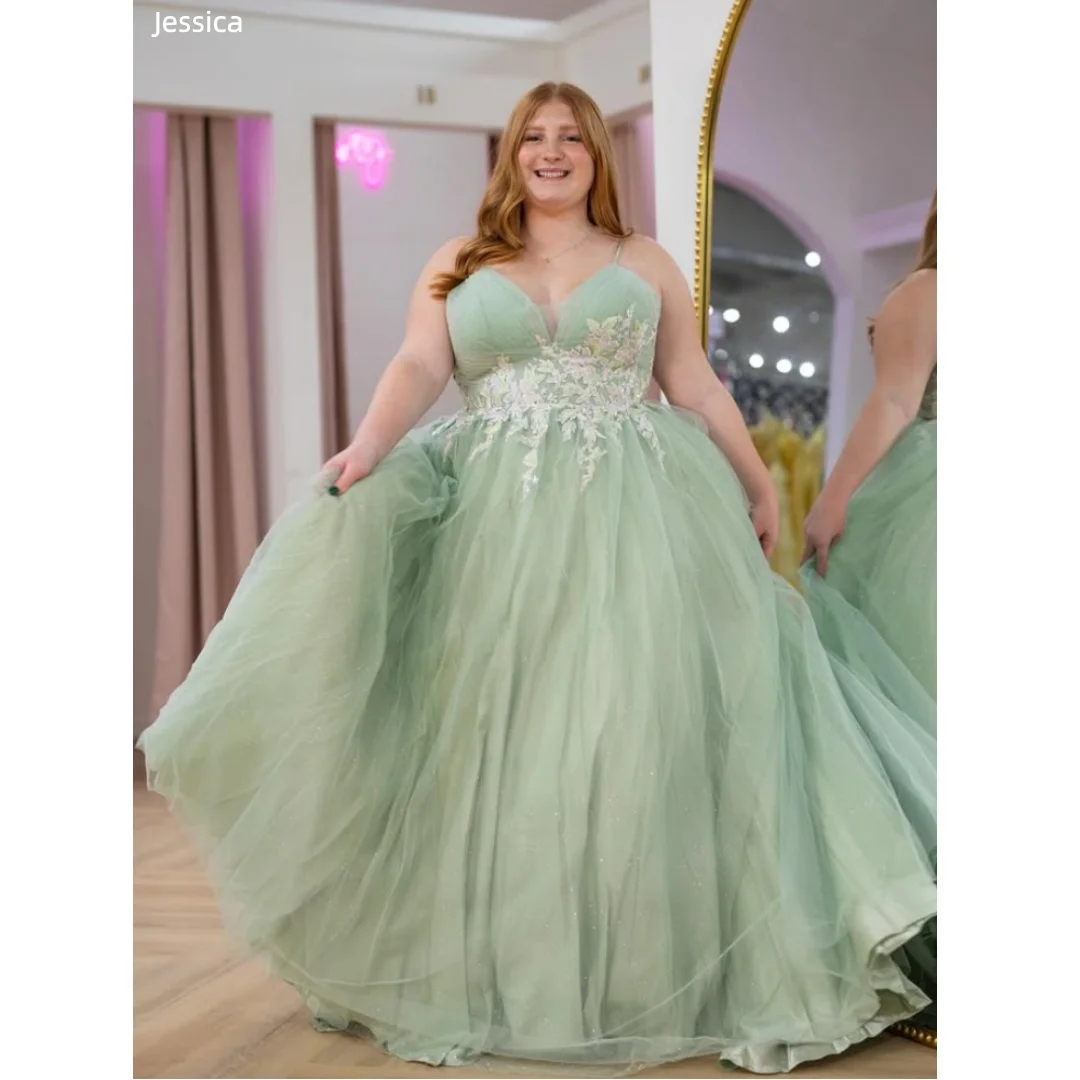 

Jessica Light Green with Thin Straps Evening Dresses A-line Tulle Prom Dresses Princess For Formal Occasions Party Dresses