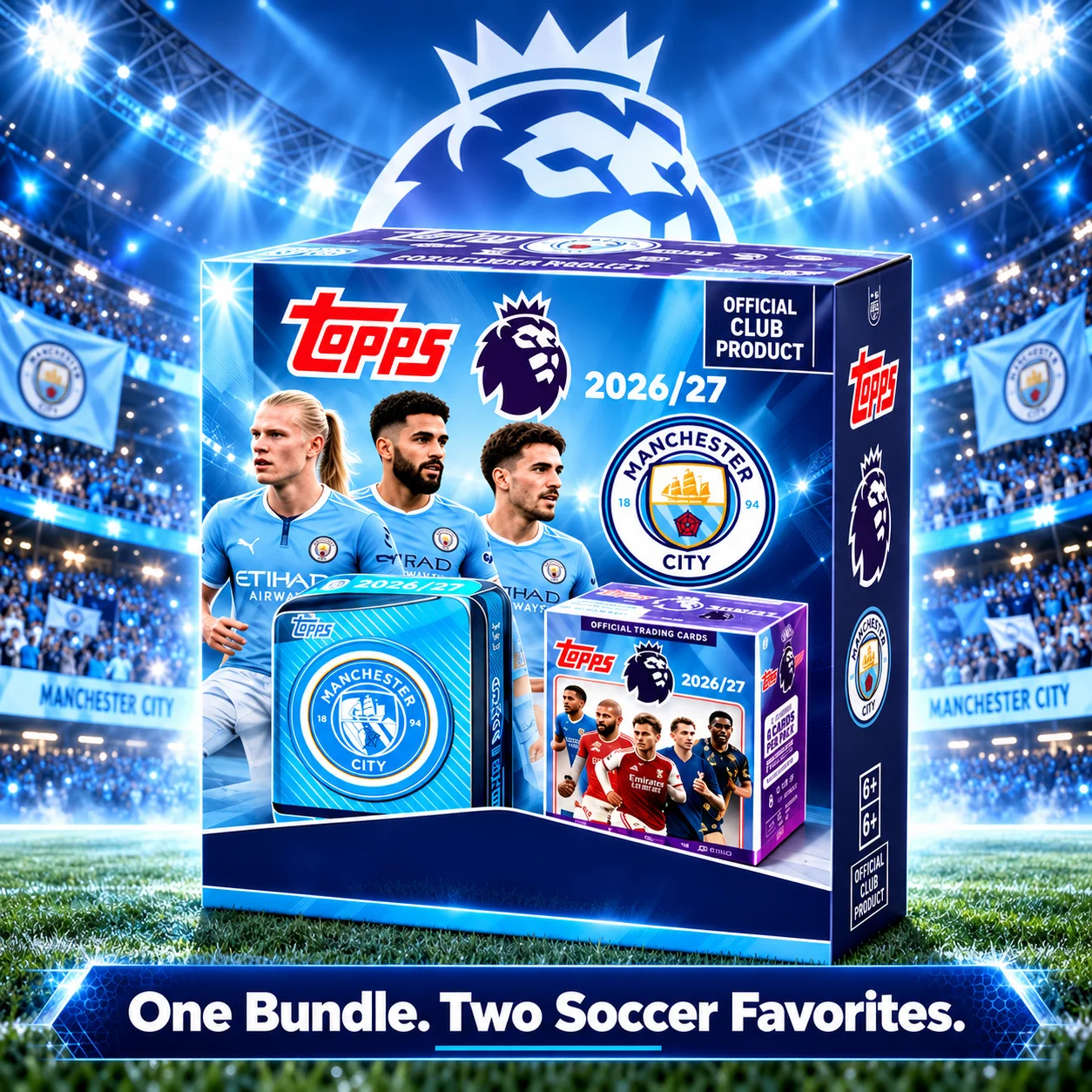 2026-27 Topps Manchester City FC Club Collector Tin With Topps Premier League Flagship Soccer Blaster Box, 95 Total Cards, Look for 2 Numbered Parallels Plus 6 Exclusive Parallels And Inserts on Average