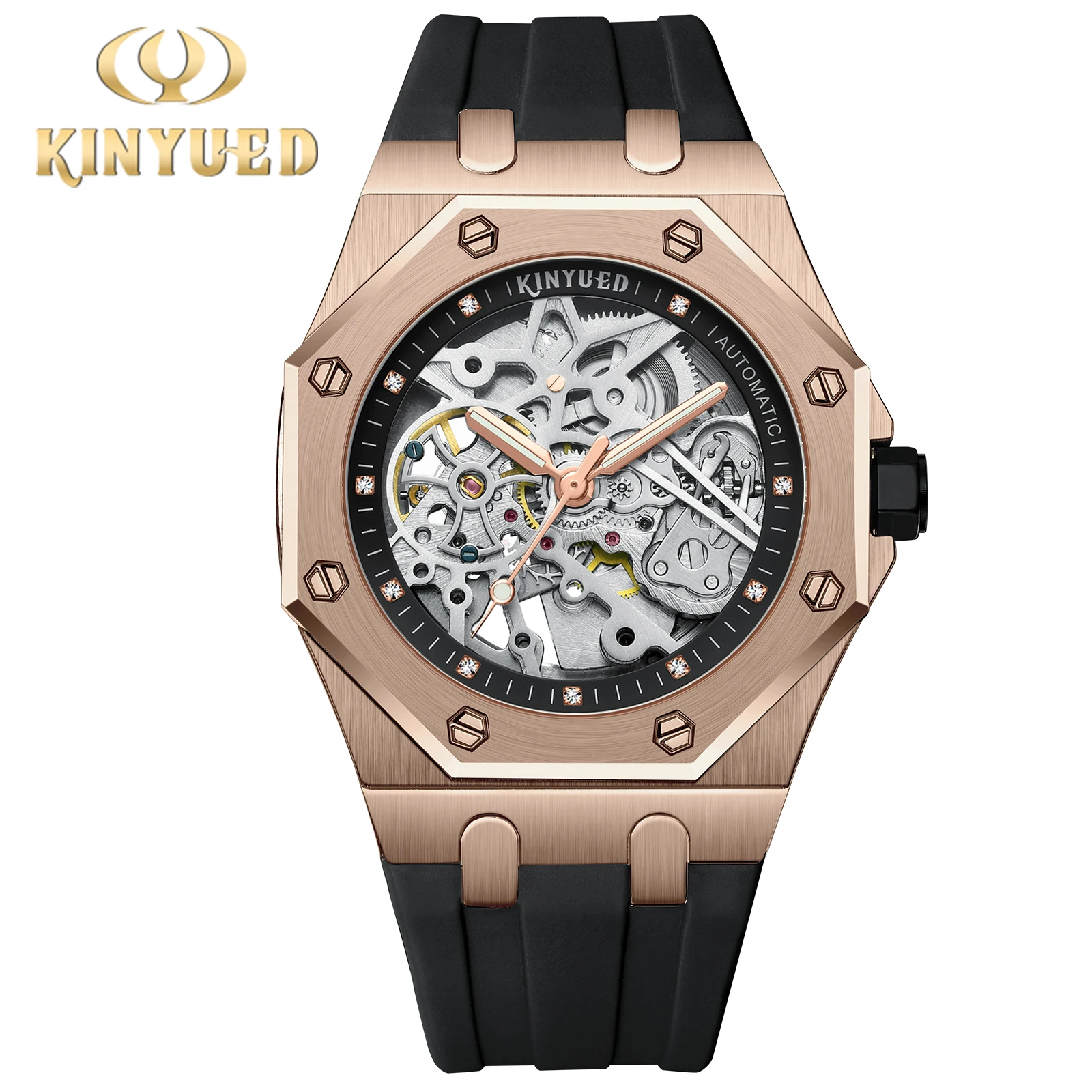 Luxury Brand Rubber Band Skeleton Dial See Through CaseBack Men Automatic Mechanical Watch